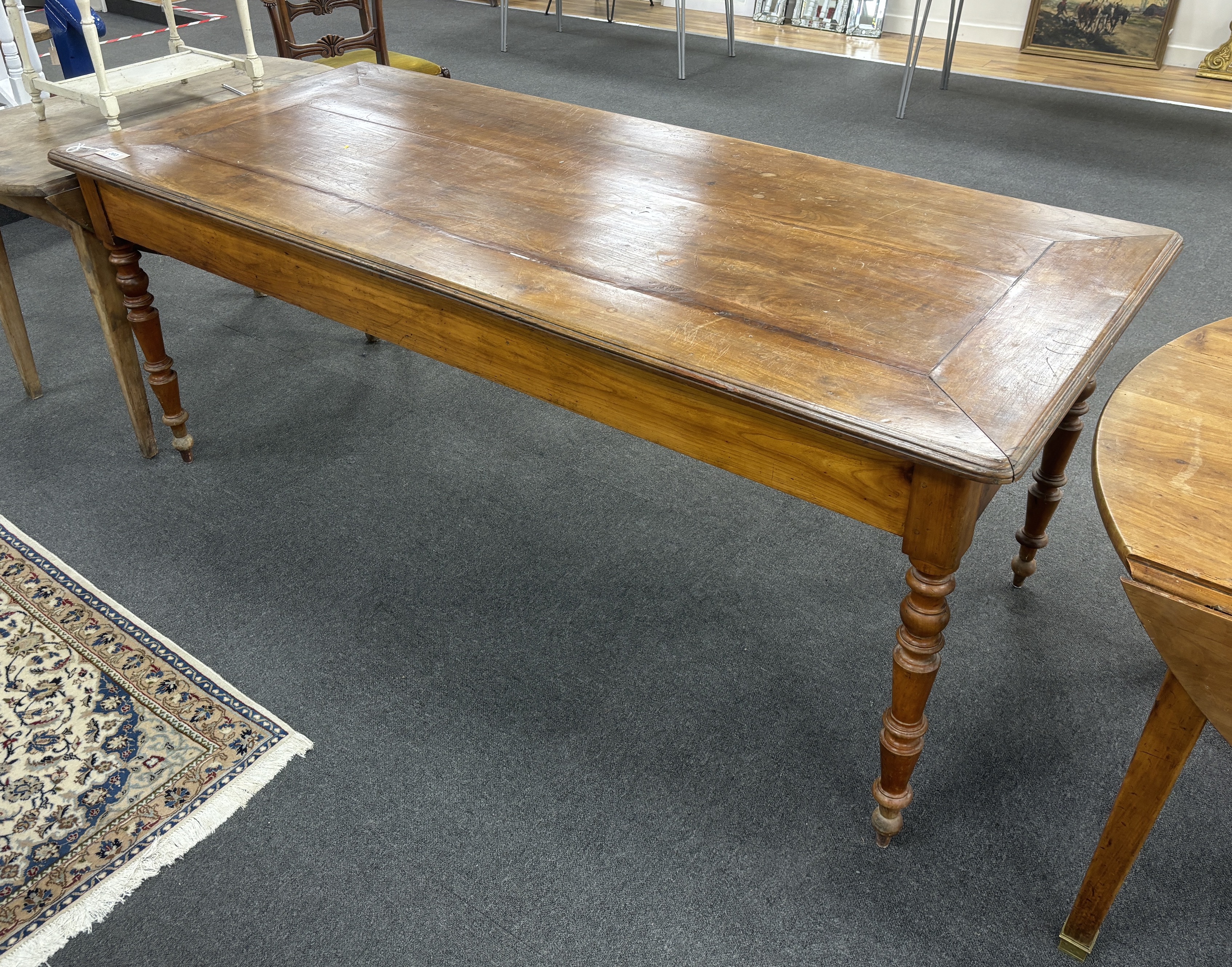 A 19th century French rectangular cherry kitchen table with slide and drawer, width 198cm, depth 88cm, height 78cm